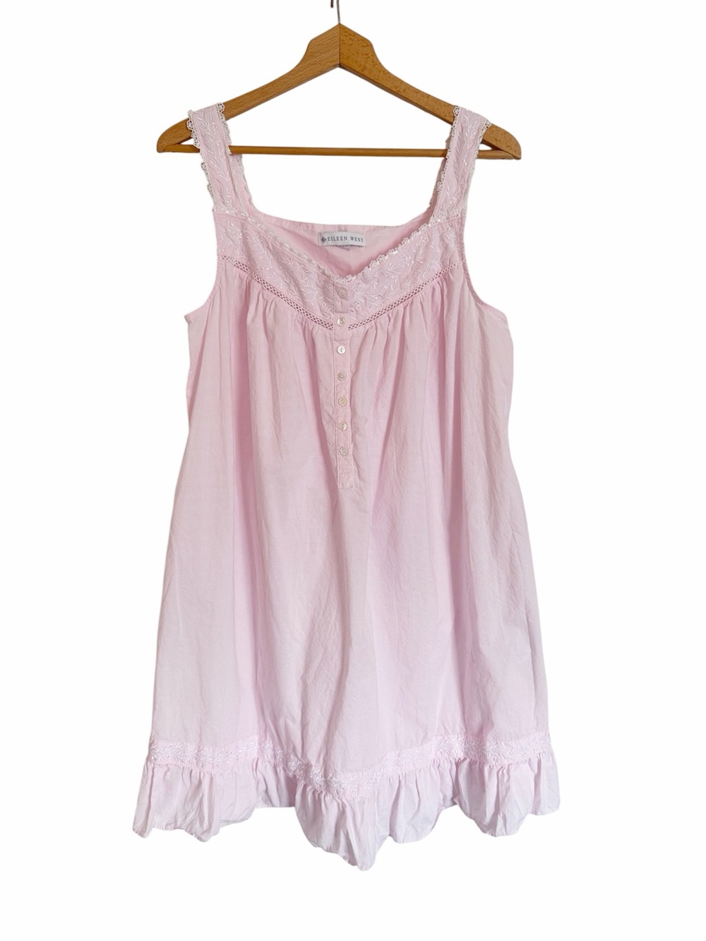 Eileen West Pink Cotton Sleeveless Lace Embroidered Trim Nightgown Chemise sz L
